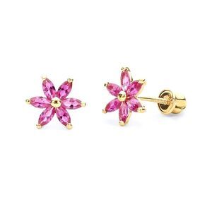 14k Yellow Gold Flower Stud Earrings with Screw Back | Birthday Gift |
